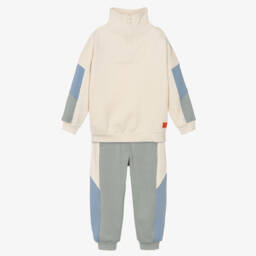 Joyday-Boys Beige & Green Colourblock Cotton Tracksuit | Childrensalon