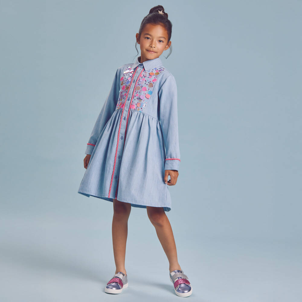 Joyday-Girls Light Blue Denim Dress with Sequins | Childrensalon