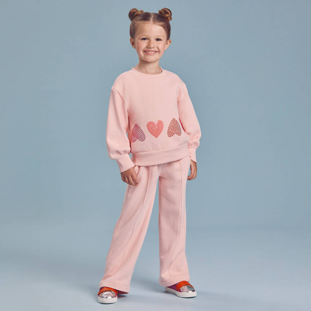 Joyday-Girls Pale Pink Cotton Tracksuit with Hearts | Childrensalon