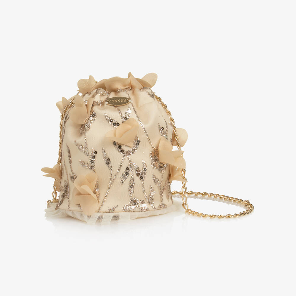 Junona-Girls Flower & Glitter Embellished Gold Tulle Bag (13cm) | Childrensalon