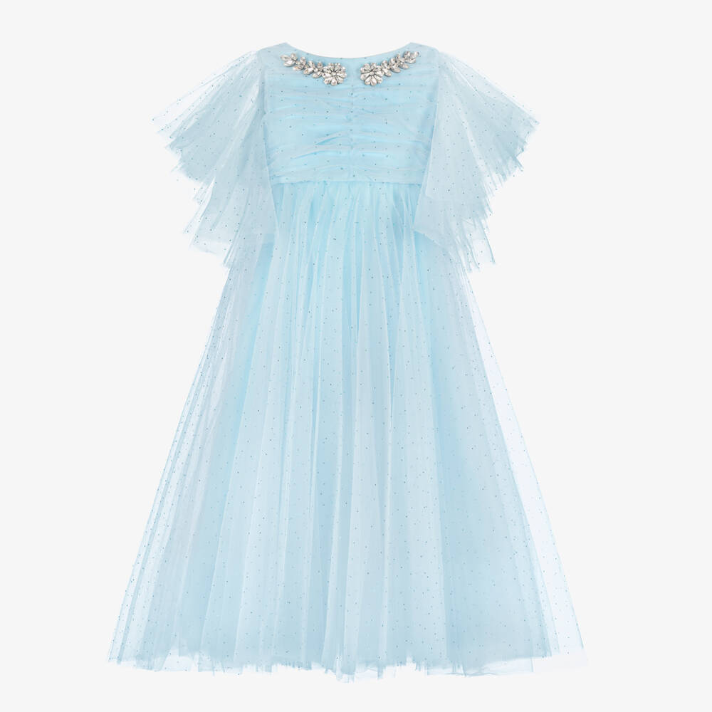 Junona-Girls Pale Blue Diamanté Tulle Dress | Childrensalon
