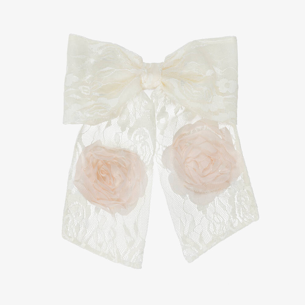 Junona-Ivory Lace Bow Hair Clip with Flowers (16cm) | Childrensalon