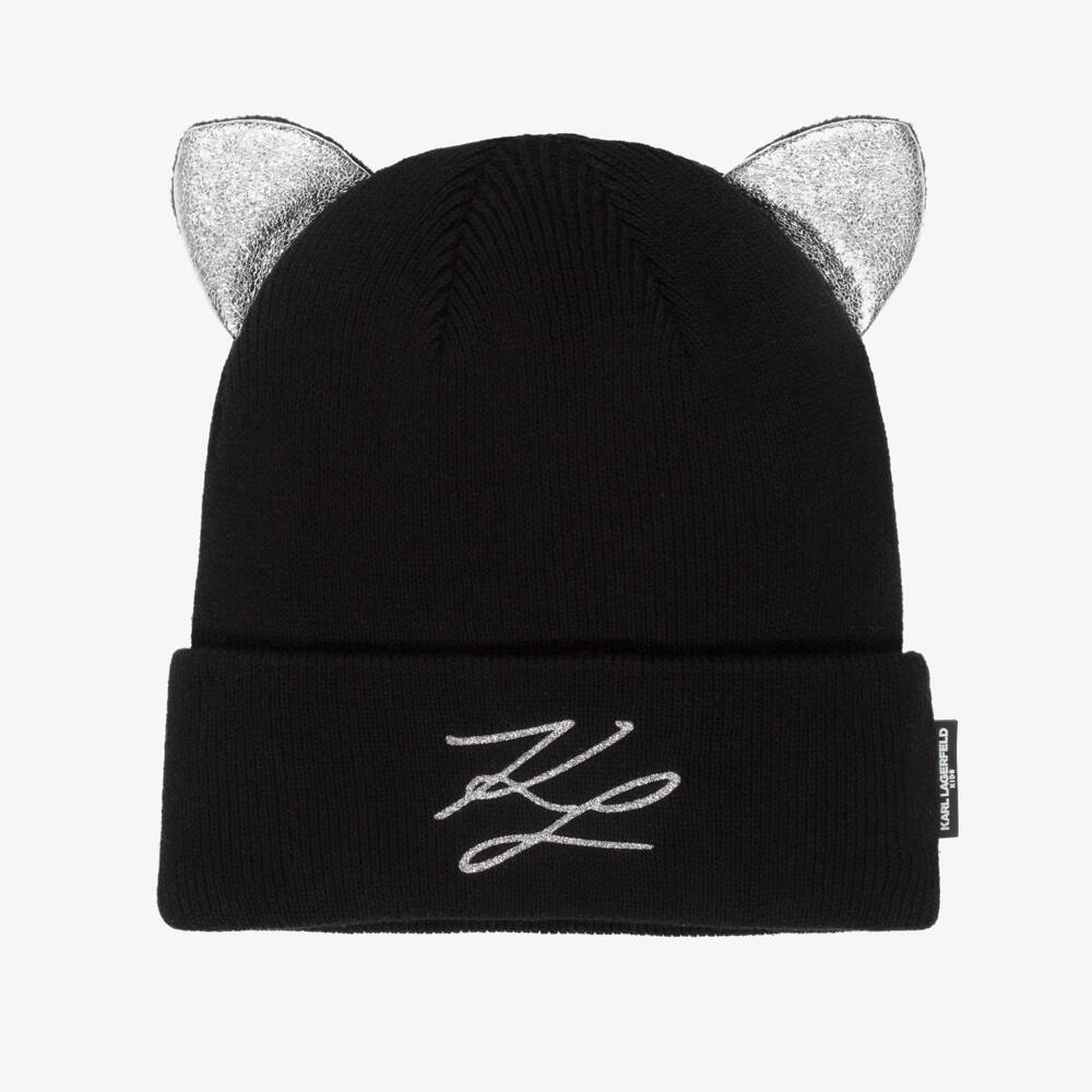 KARL LAGERFELD KIDS-Girls Black Cotton Knit Beanie with Cat Ears | Childrensalon