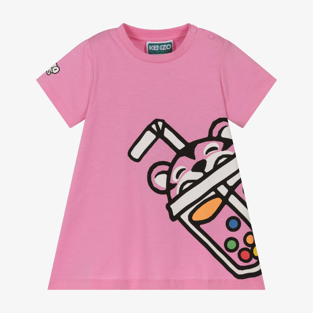 KENZO KIDS-Baby Girls Pink Cotton Bubble Tea Tiger Dress | Childrensalon
