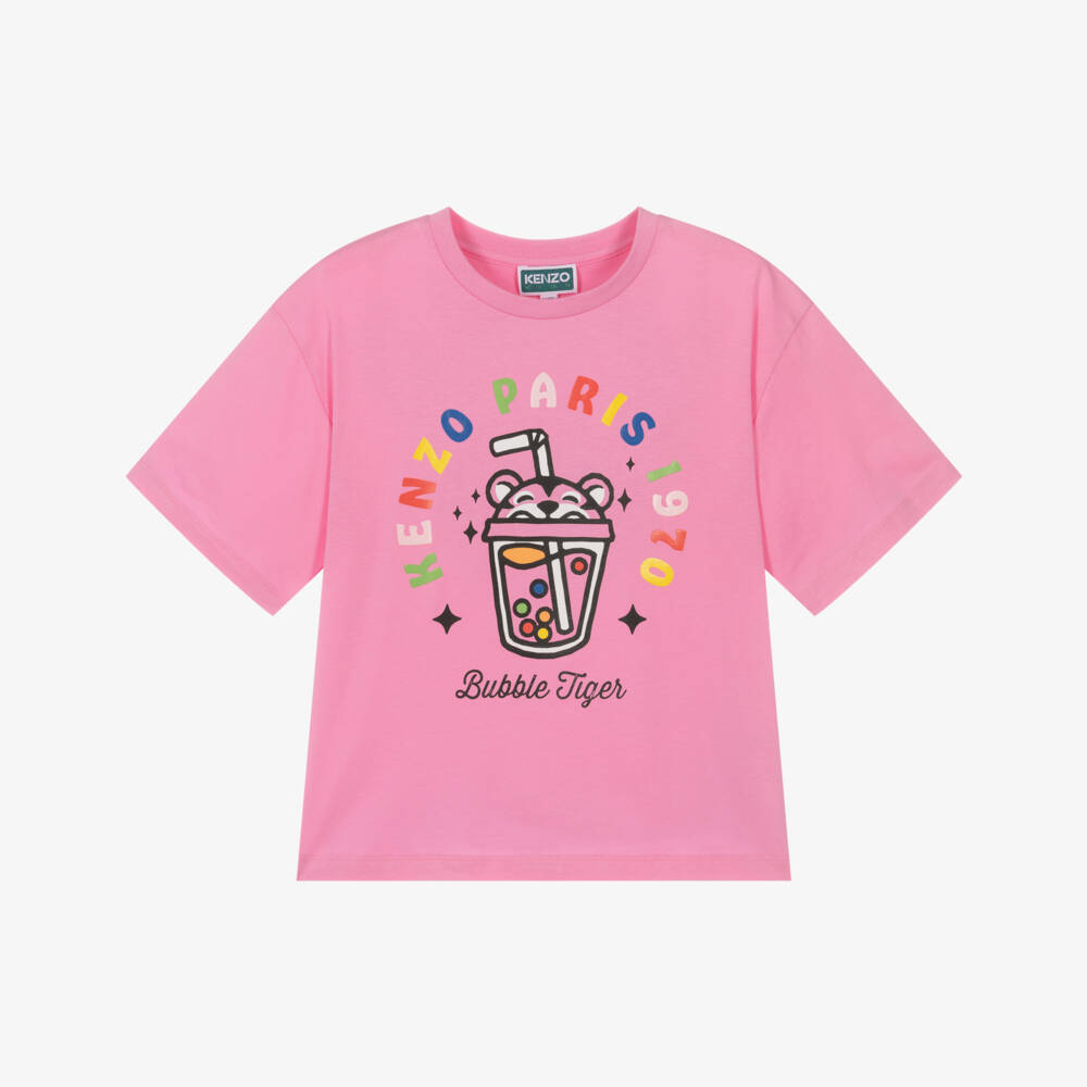 KENZO KIDS-Girls Pink Cotton Bubble Tiger T-Shirt | Childrensalon