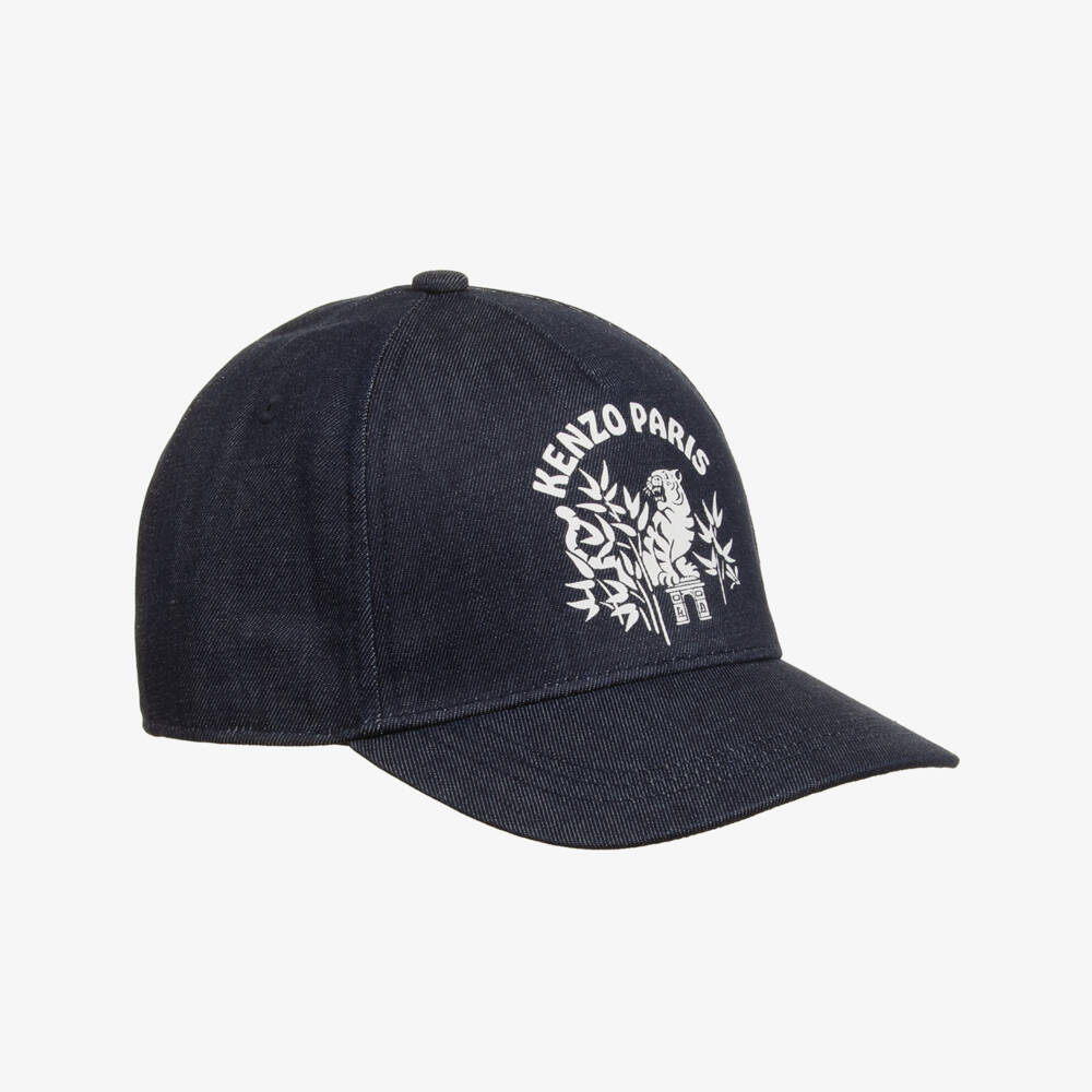 KENZO KIDS-Navy Blue Denim Paris Logo Cap | Childrensalon
