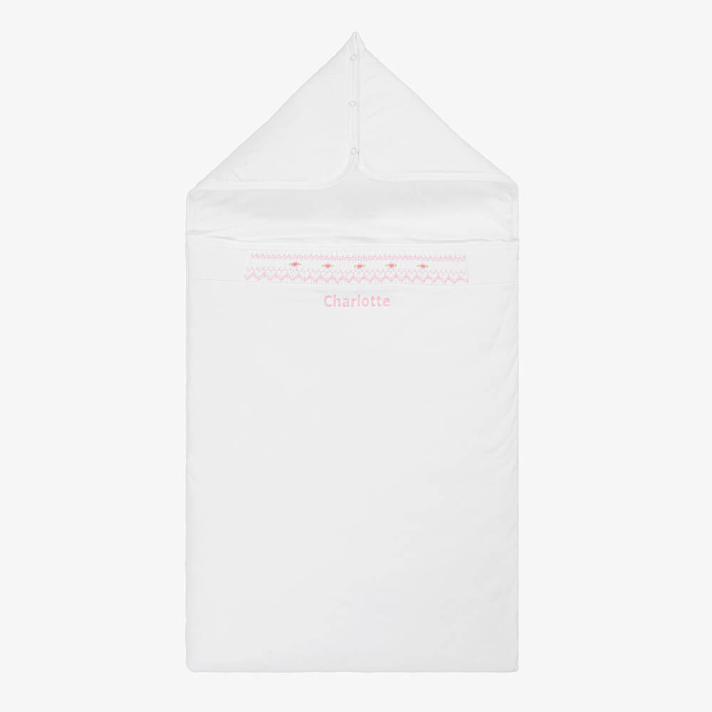 Kissy Kissy-Personalised White Cotton Fall Bishop Nest (78cm) | Childrensalon