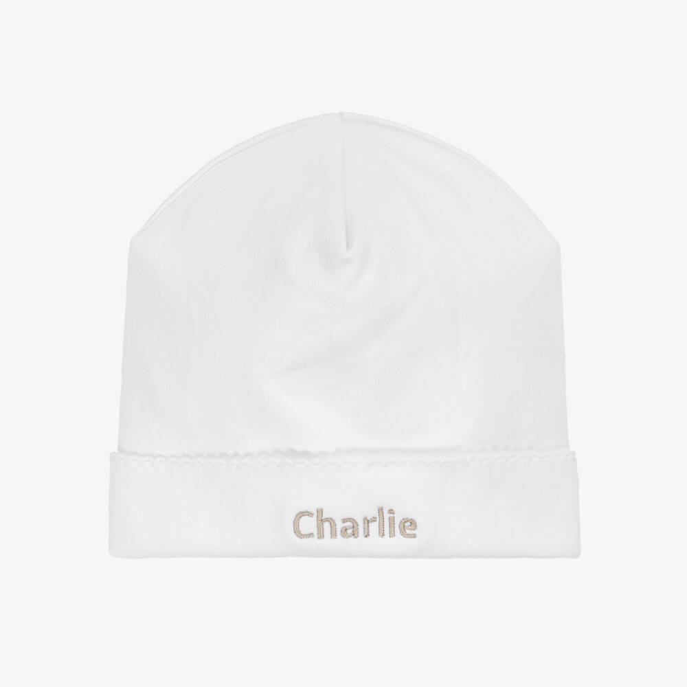 Kissy Kissy-Personalised White Pima Cotton Baby Hat | Childrensalon