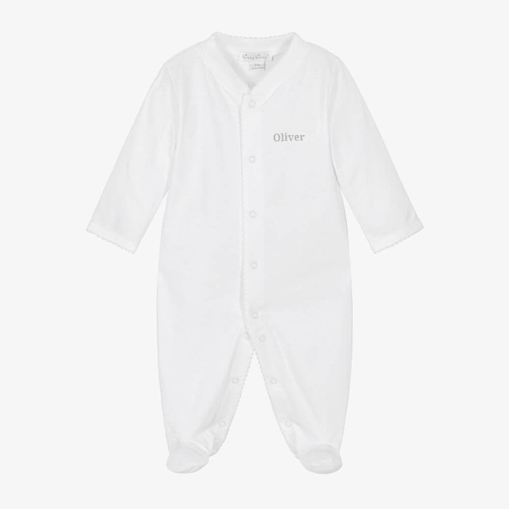 Kissy Kissy-Personalised White Pima Cotton Babygrow | Childrensalon