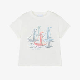 Laranjinha-Boys White Cotton Sailboat Graphic T-Shirt | Childrensalon