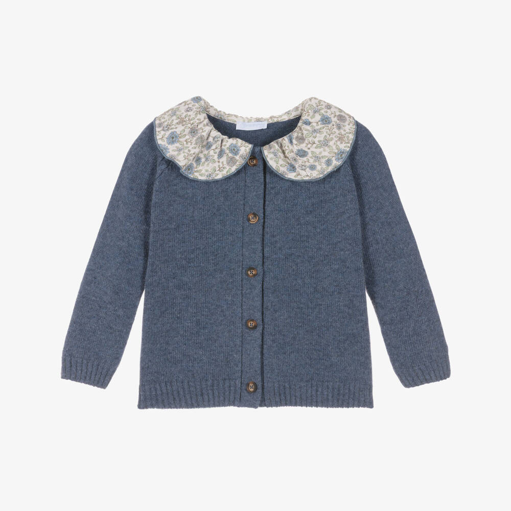 Laranjinha-Girls Blue Knitted Cardigan with Floral Collar | Childrensalon