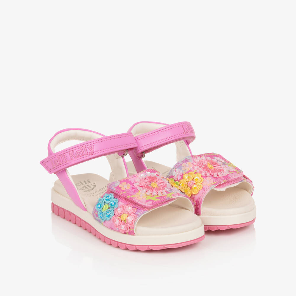 Lelli Kelly-Girls Pink Sandals with Embroidered & Beaded Flowers | Childrensalon