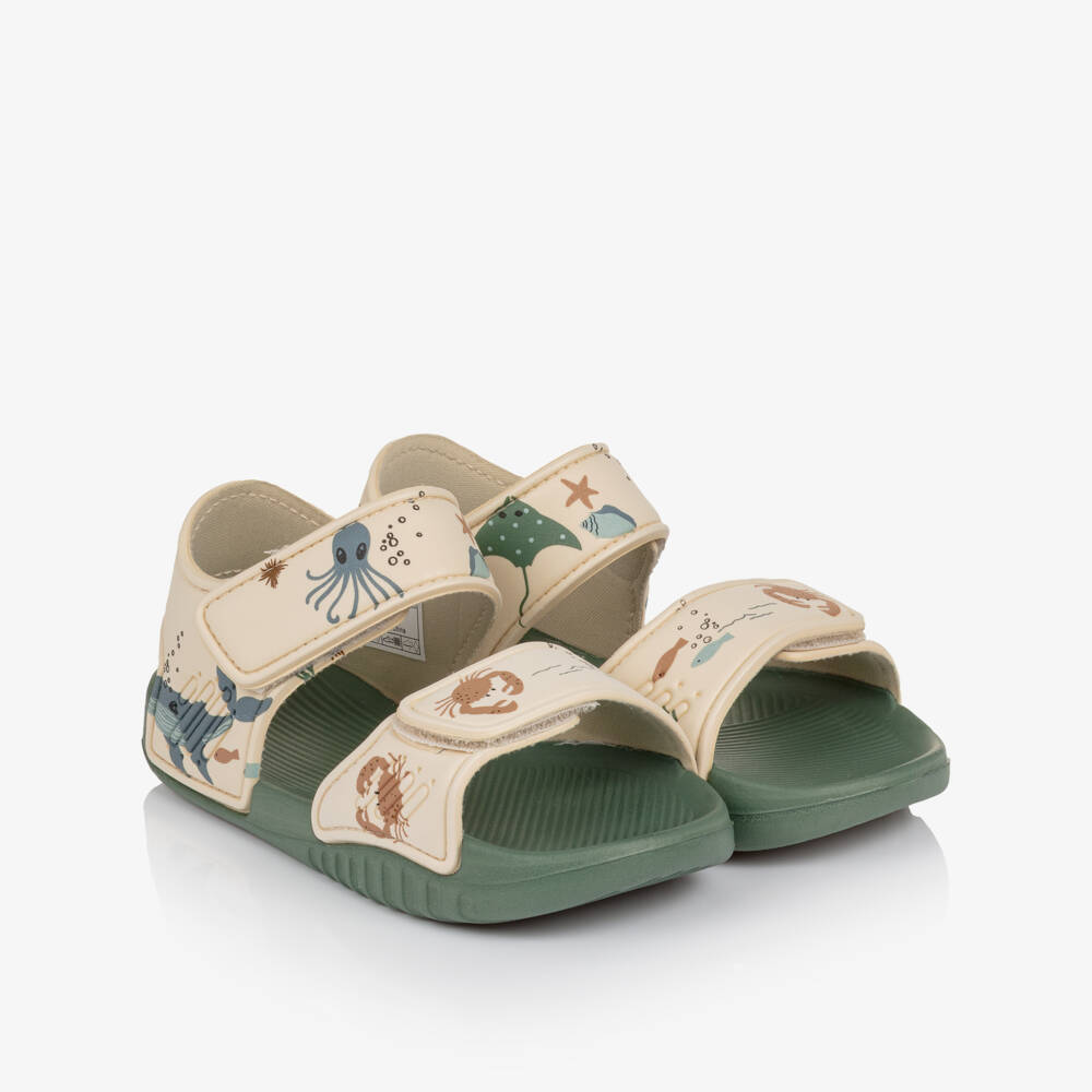 Liewood-Beige & Green Sandals with Sea Creature Print | Childrensalon