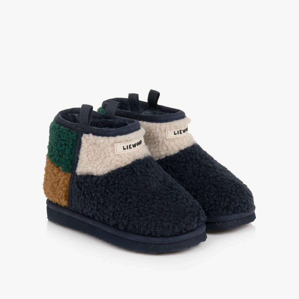 Liewood-Boys Navy Blue Colourblock Teddy Fleece Boots | Childrensalon
