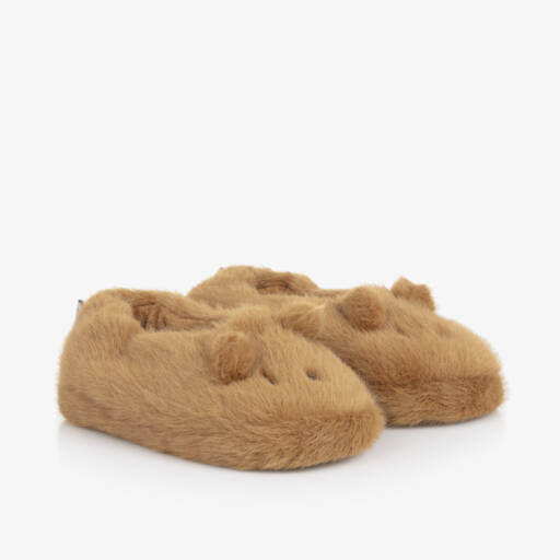 Liewood-Brown Faux Fur Teddy Bear Slippers | Childrensalon