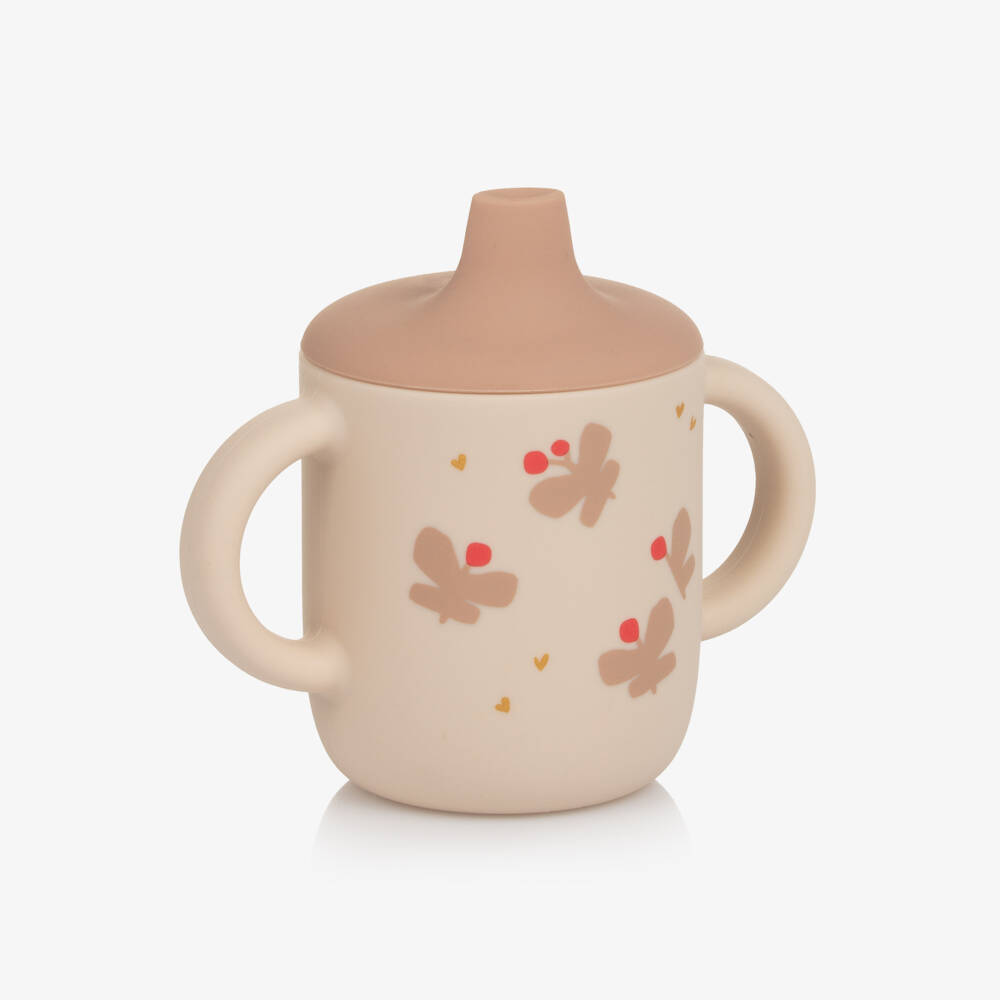 Liewood-Girls Beige & Pink Silicone Sippy Cup with Butterfly Motifs (11cm) | Childrensalon