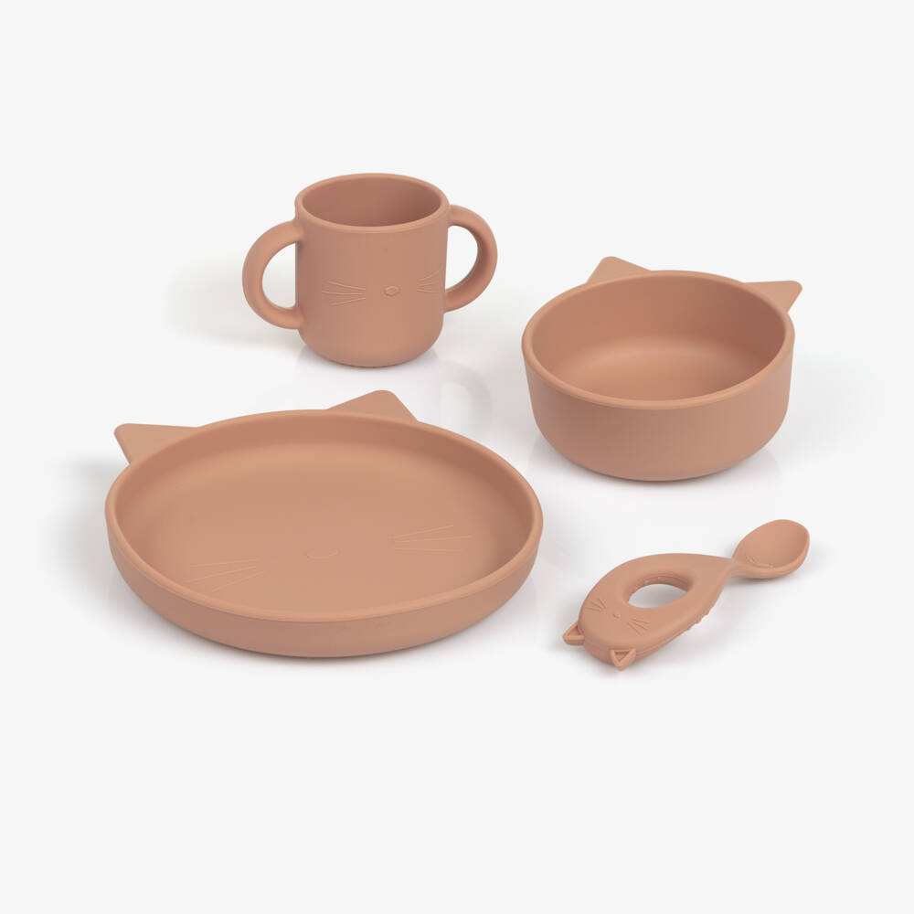Liewood-Pink Silicone Cat Tableware Set (4 Pieces) | Childrensalon
