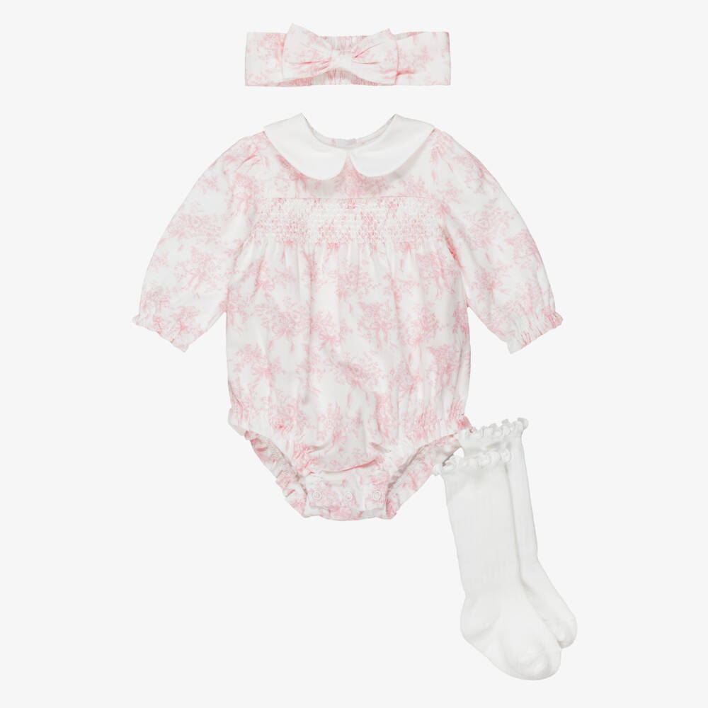Little Me-Baby Girls Pink & White Toile de Jouy Shortie Set  | Childrensalon