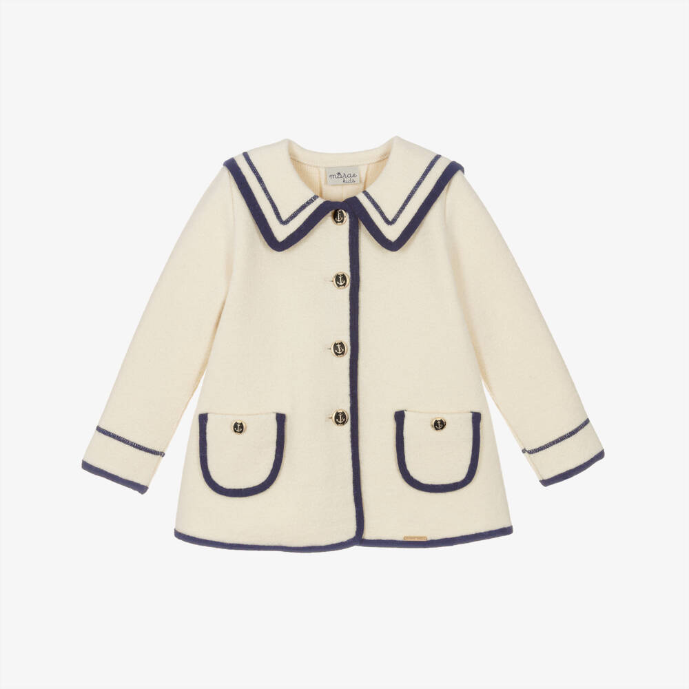 Marae Kids-Girls Ivory Merino Wool Coat with Navy Blue Trim | Childrensalon