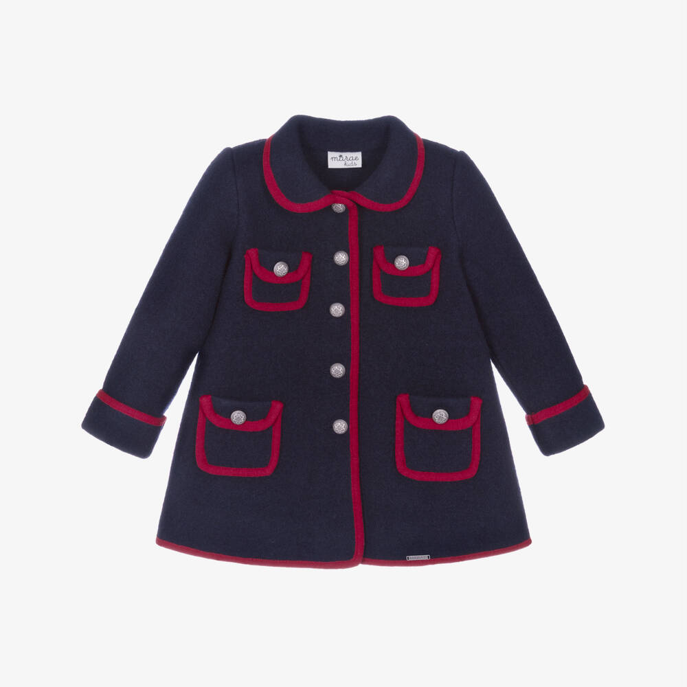 Marae Kids-Girls Navy Blue & Red Merino Wool Coat | Childrensalon