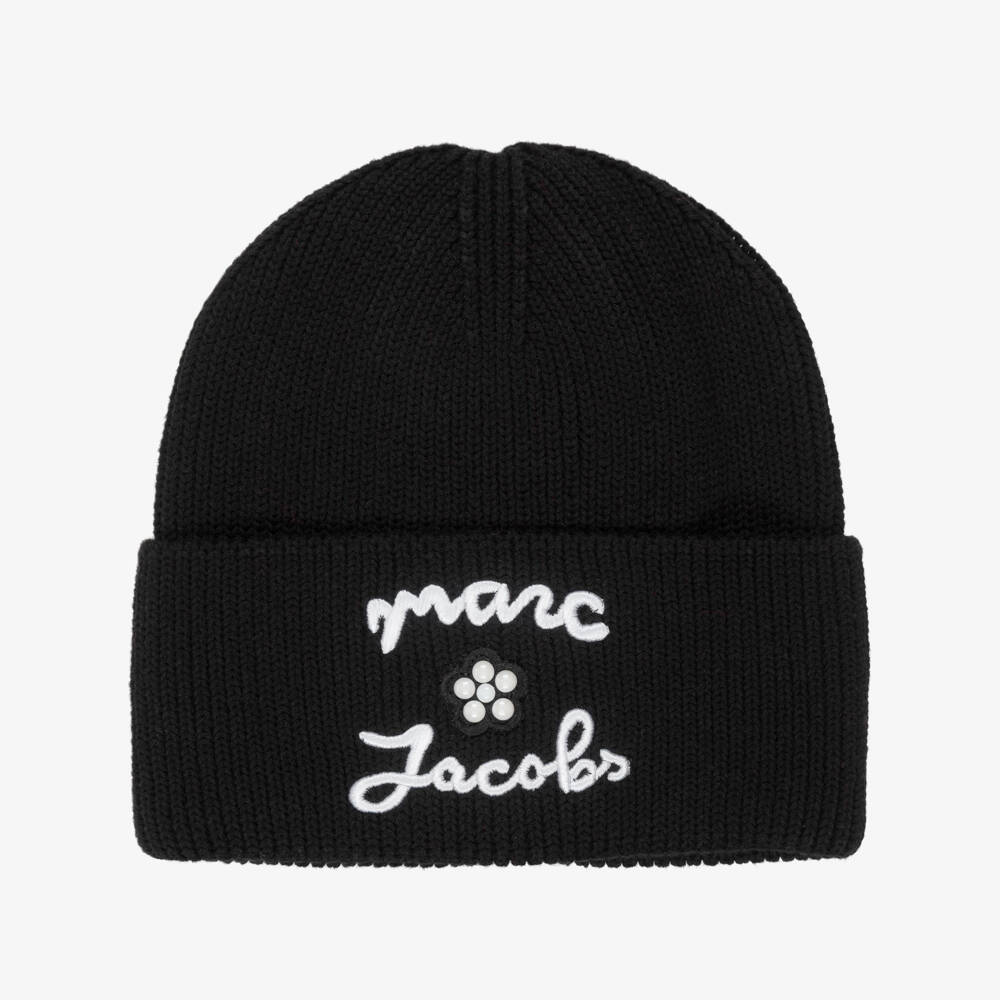 MARC JACOBS-Girls Black Beanie Hat with Embroidered Lettering | Childrensalon