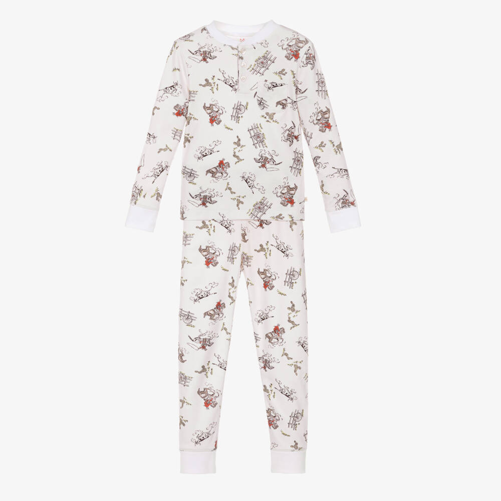 Marie-Chantal-Boys Ivory Organic Cotton Cowboy Print Long Pyjamas | Childrensalon