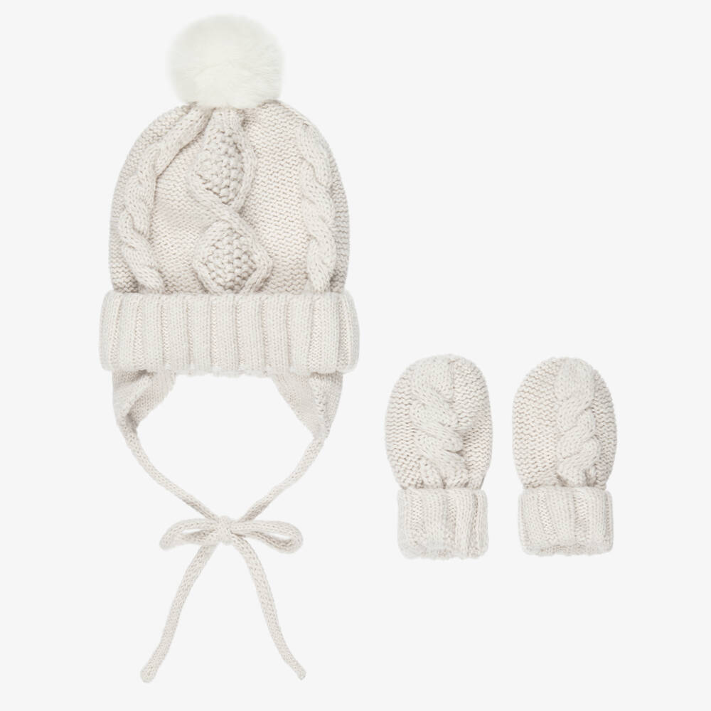 Mayoral Newborn-Beige Cable Knit Baby Hat & Mittens Set | Childrensalon