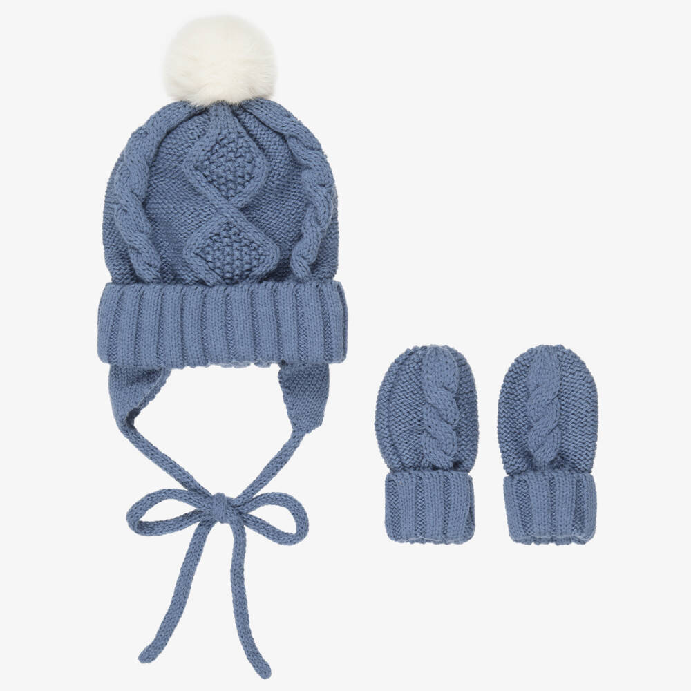 Mayoral Newborn-Blue Cable Knit Baby Hat & Mittens Set | Childrensalon