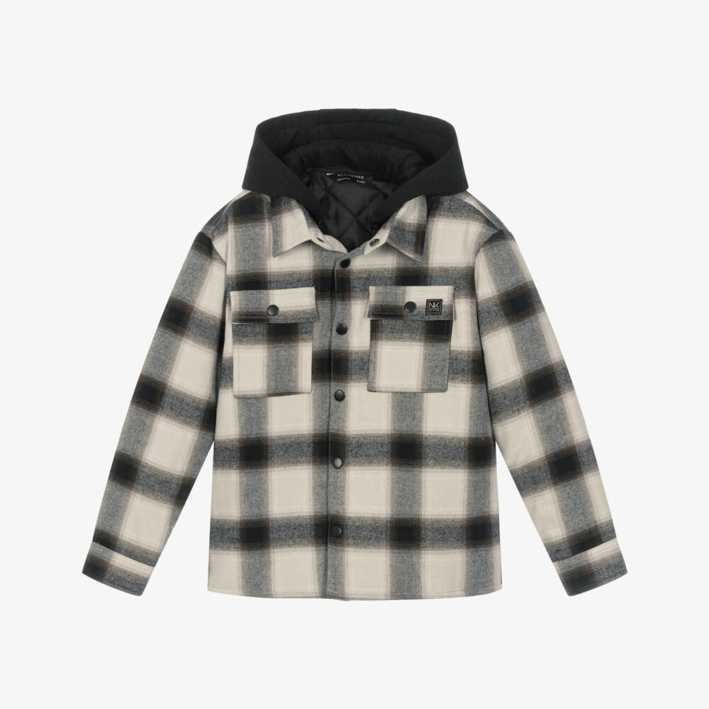 Mayoral Nukutavake-Boys Beige & Black Check Jacket with Detachable Hood | Childrensalon