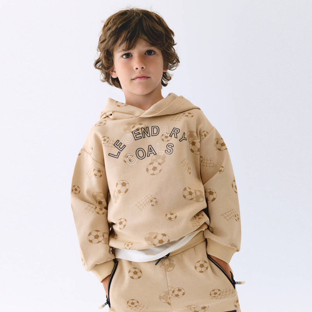 Mayoral-Boys Beige Football Print Hoodie | Childrensalon