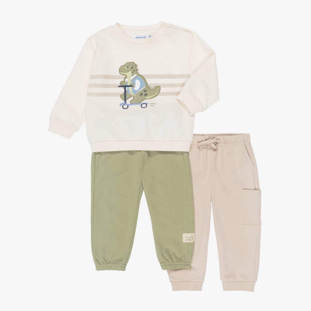 Mayoral-Boys Beige & Green Dino Tracksuit Set | Childrensalon