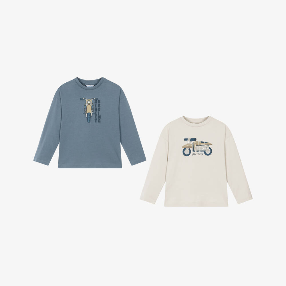 Mayoral-Boys Blue & Beige Motorcycle Tops in Cotton (2 Pack) | Childrensalon