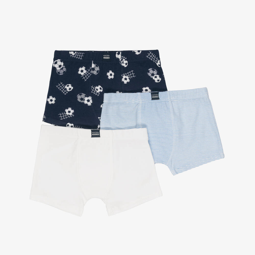 Mayoral-Boys Blue Cotton Stripe & Football Boxer Shorts (3 Pack) | Childrensalon