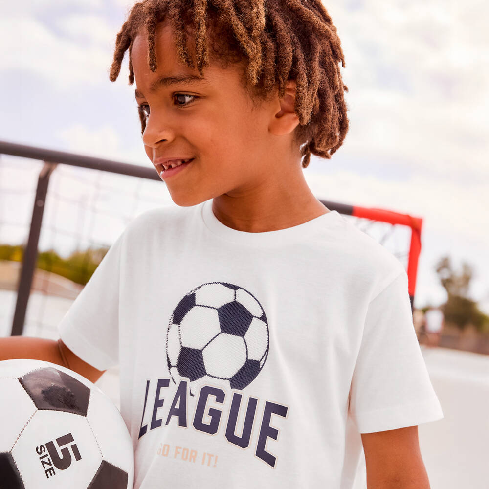 Mayoral-Boys Ivory Cotton T-Shirt with Rubberised Football Motif | Childrensalon
