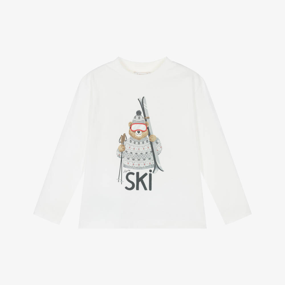 Mayoral-Boys Ivory Cotton Top with Skiing Bear Graphic | Childrensalon