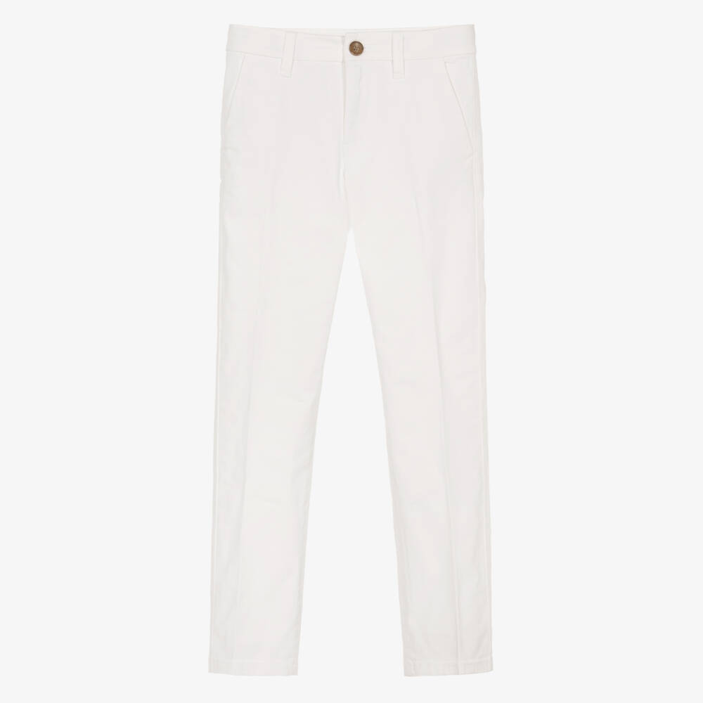Mayoral Nukutavake-Boys White Cotton Slim Chino Trousers | Childrensalon