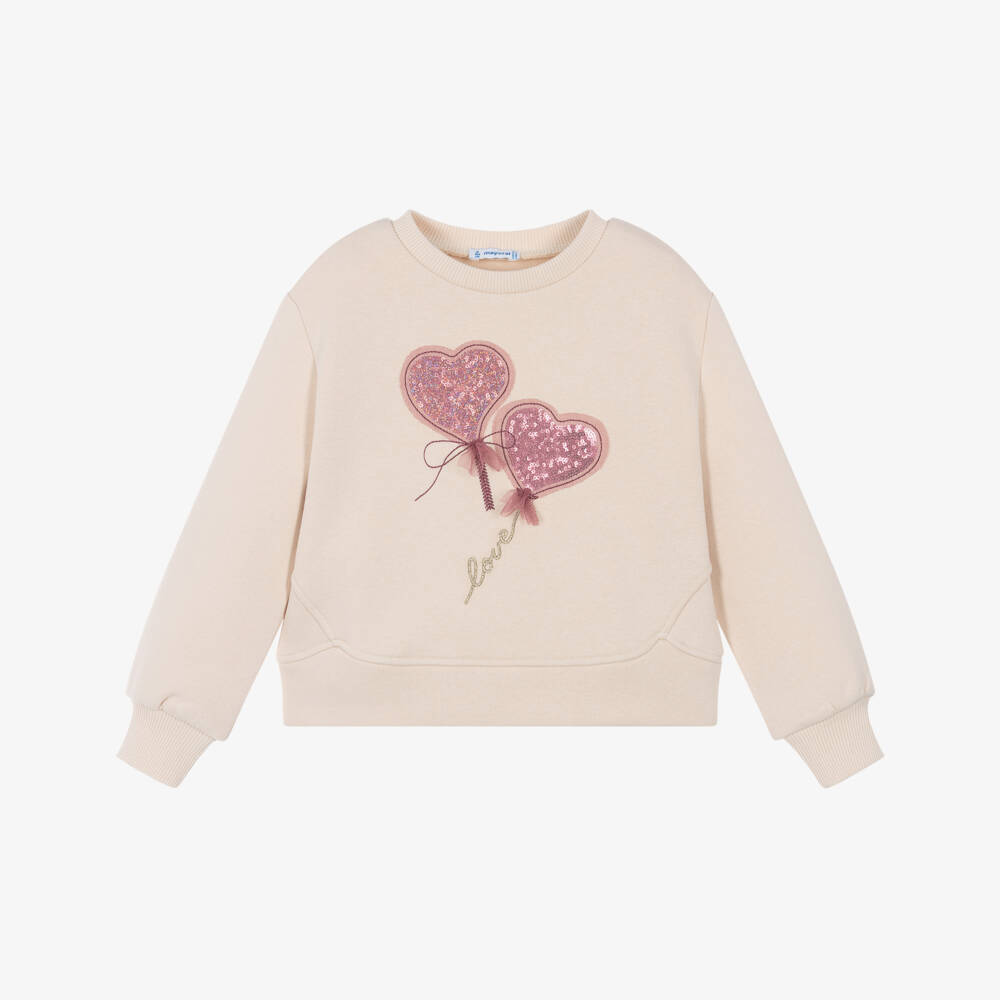 Mayoral-Girls Beige Jersey Sweatshirt with Pink Heart Motifs | Childrensalon