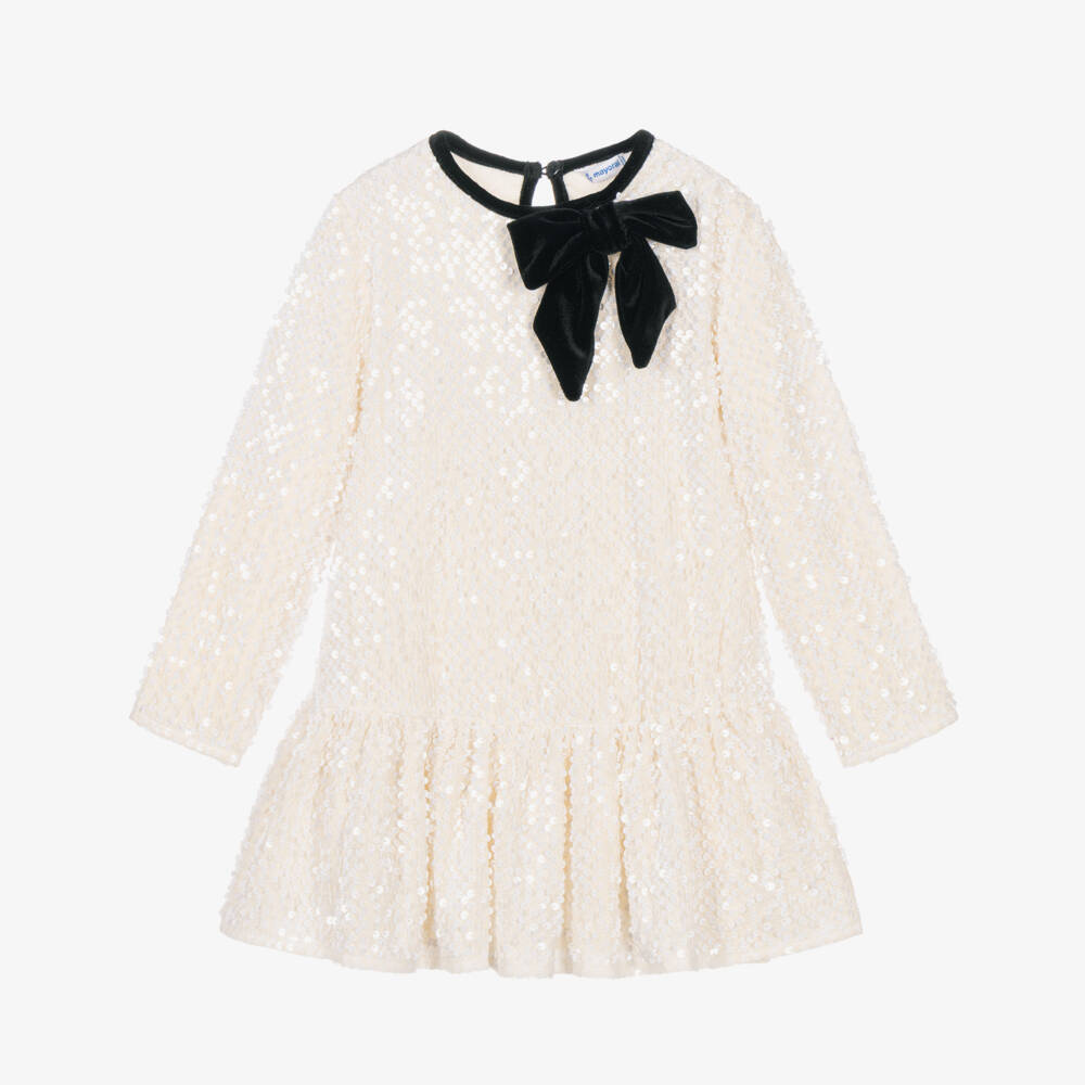 Mayoral-Girls Ivory Sequin Dress with Black Velvet Bow | Childrensalon