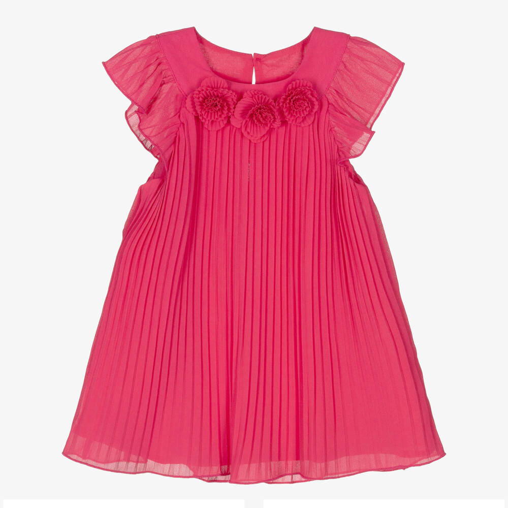 Mayoral-Girls Pink Pleated Chiffon Dress with Floral Appliqués | Childrensalon