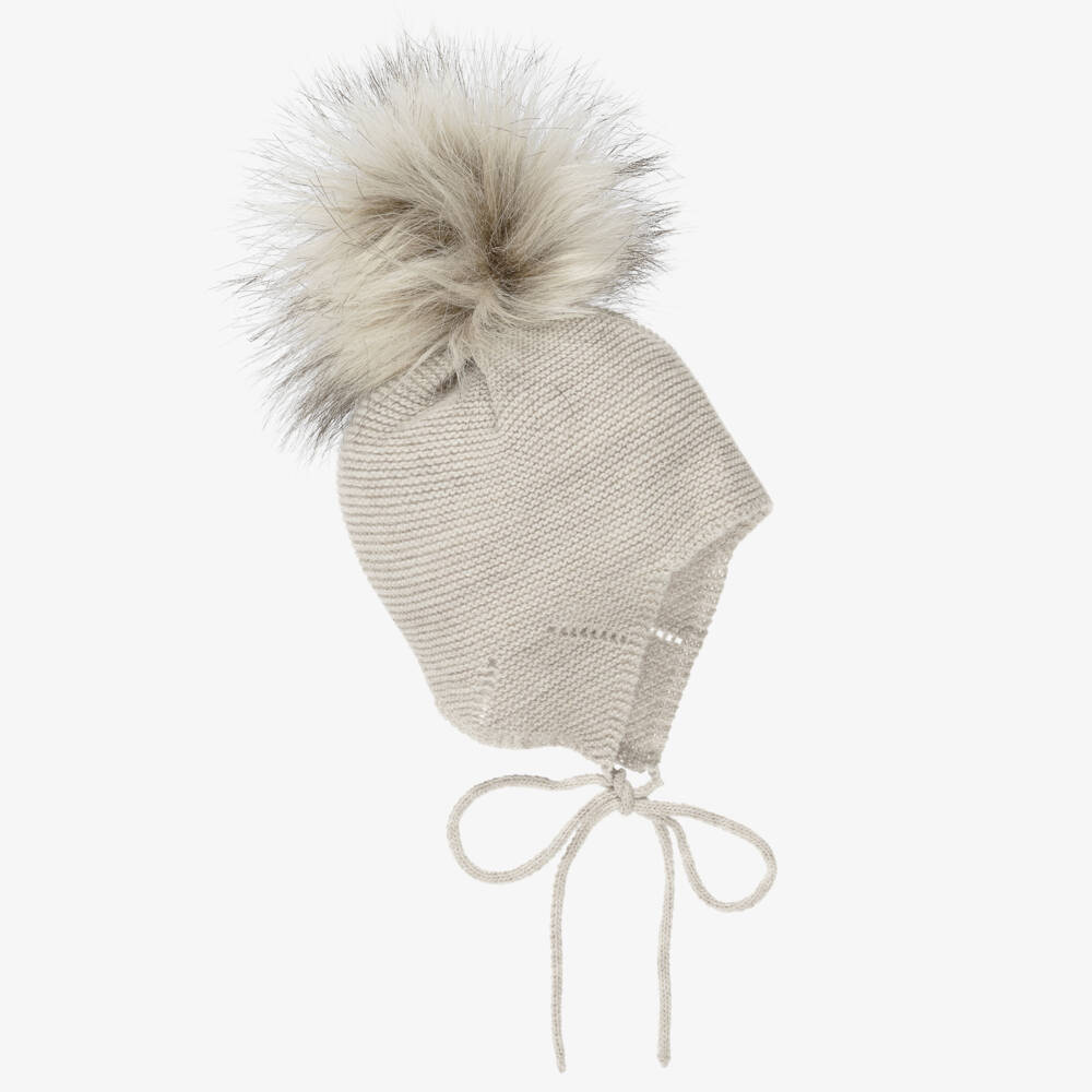 Mebi-Beige Knitted Hat With Faux Fur Pom-Pom | Childrensalon