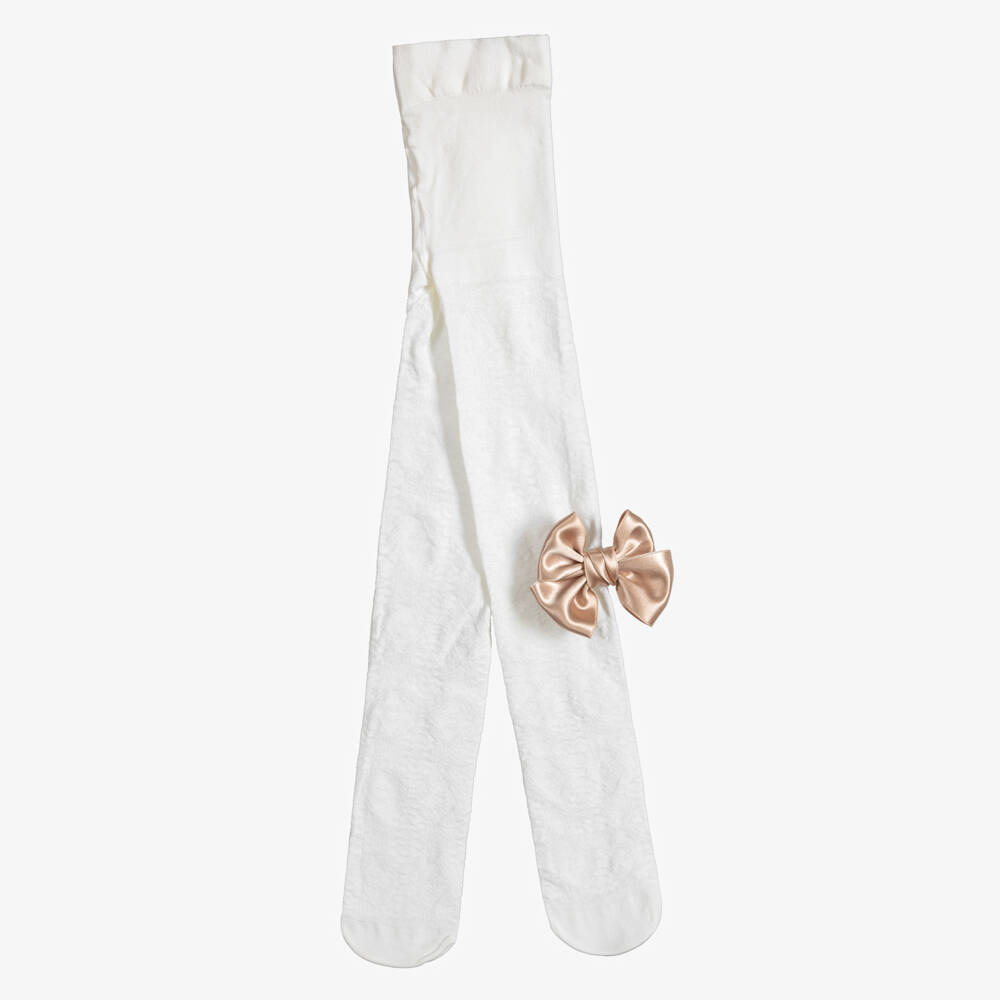 Meia Pata-Girls Ivory Patterned Tights with Satin Bows | Childrensalon