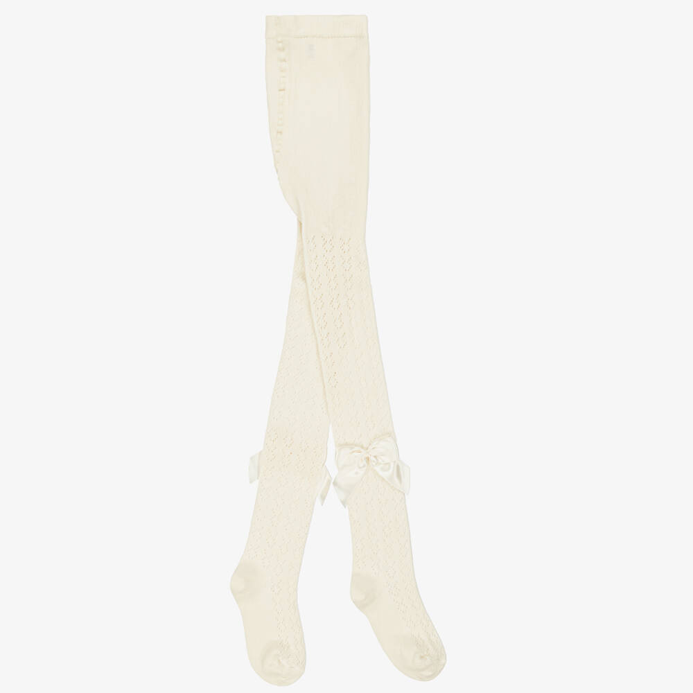 Meia Pata-Girls Lacey Ivory Cotton Tights with Satin Bows | Childrensalon