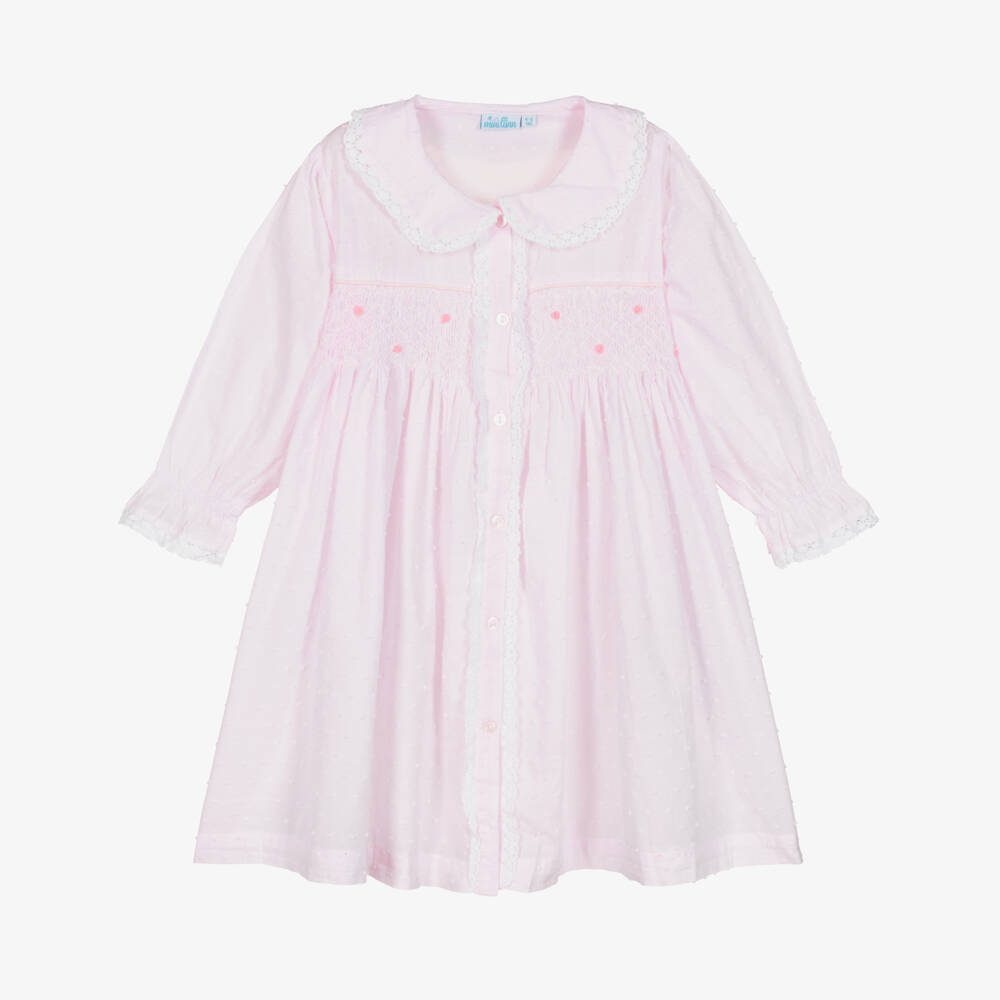 Mini Lunn-Girls Pink Cotton Smocked Dressing Gown  | Childrensalon