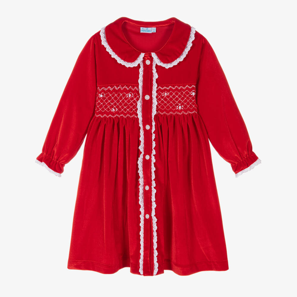 Mini Lunn-Girls Red Velour Smocked Dressing Gown | Childrensalon