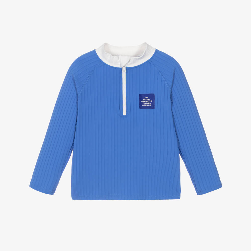 Mini Rodini-Ribbed Blue Quarter-Zip Swim Top (UPF 40+) | Childrensalon