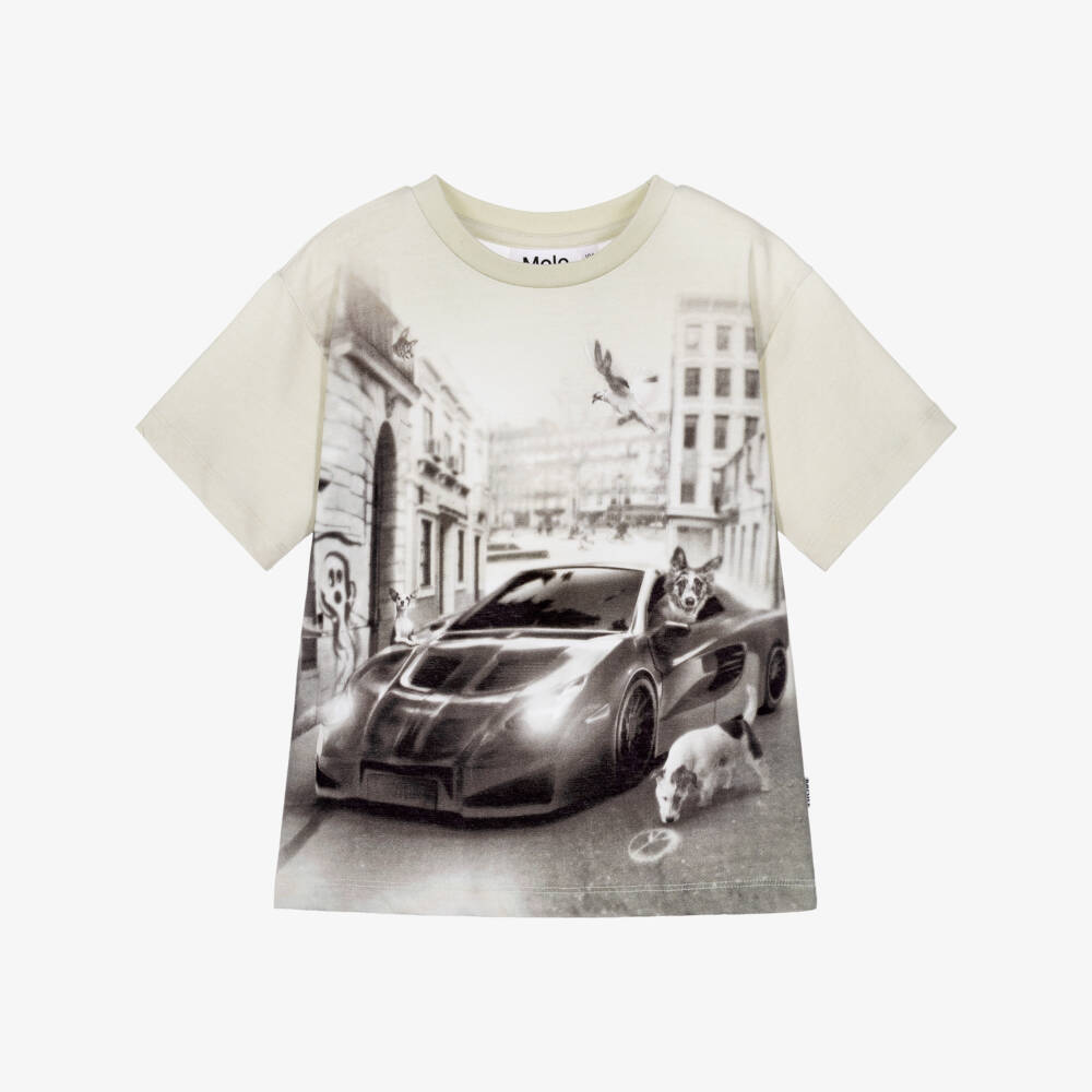 Molo-Boys Light Beige Cotton T-Shirt with Car & Dog Graphic  | Childrensalon