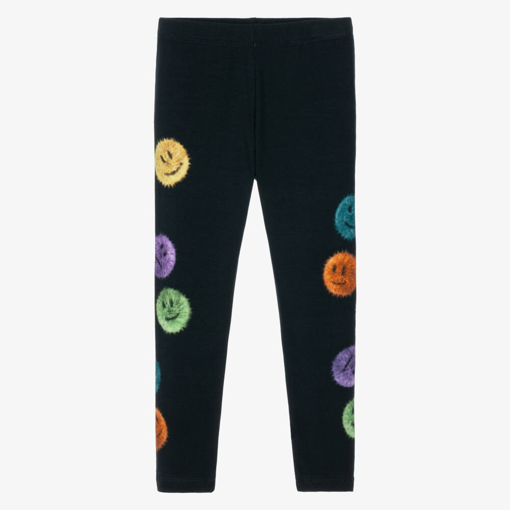 Molo-Girls Black Organic Cotton Leggings with Fluffy Face Prints | Childrensalon