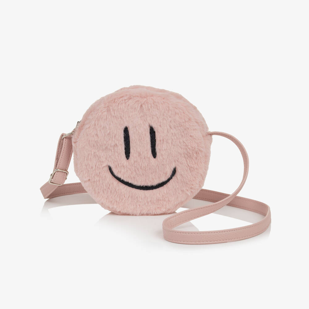 Molo-Girls Pink Smiling Face Faux Fur Shoulder Bag (17cm) | Childrensalon