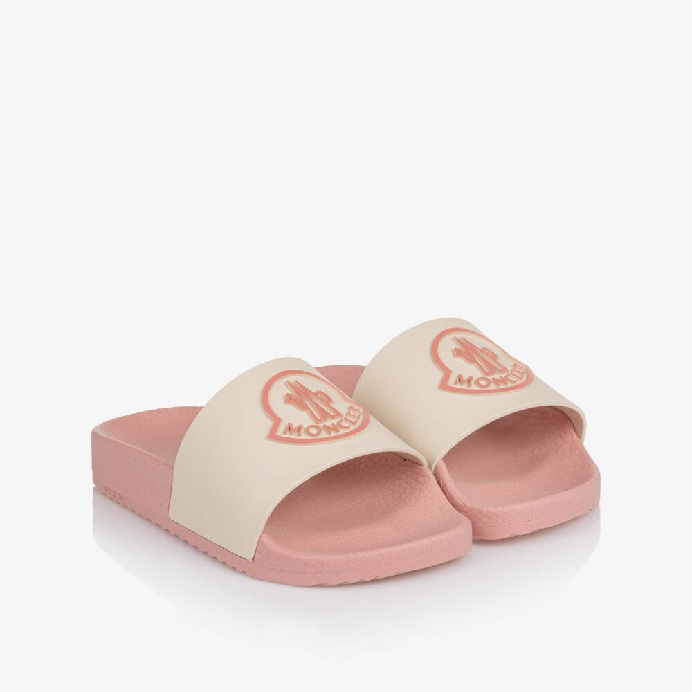 Moncler Enfant-Girls Pink & Ivory Sliders with Bell Logo | Childrensalon
