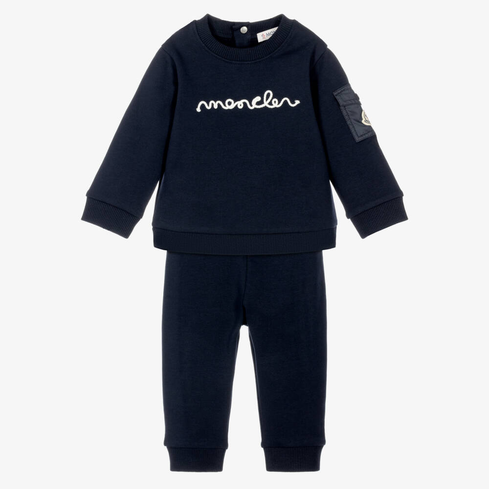 Moncler Enfant-Navy Blue Baby Tracksuit with Script Logo | Childrensalon